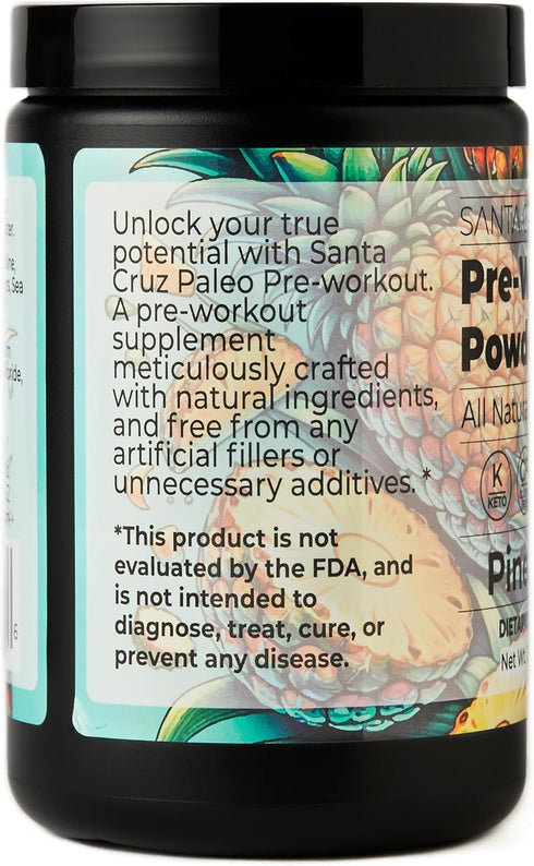Santa Cruz Paleo Natural Pre Workout Powder, Pineapple, Keto Electrolytes with Magnesium, 30 Servings for Energy &
