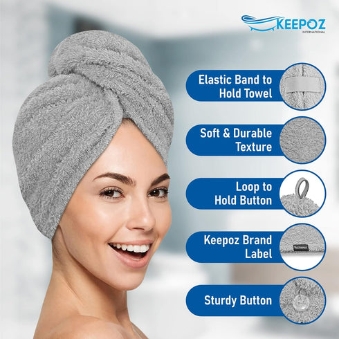 KEEPOZ Hair Towel Wrap, Quick Dry 100% Cotton Super Absorbent Turban Head Wrap for Women, Grey, 1 Pc