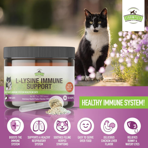 Strawfield Pets L-Lysine Immune Support for Cats & Kittens, 200g Chicken Liver Flavor Granules with Scoop