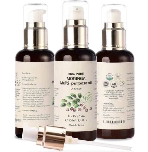 USDA Organic Moringa Oil, Pure Multi-Purpose Face, Body, Hair Oil - Food Grade, Cold Pressed, 3.4 fl oz with Pump