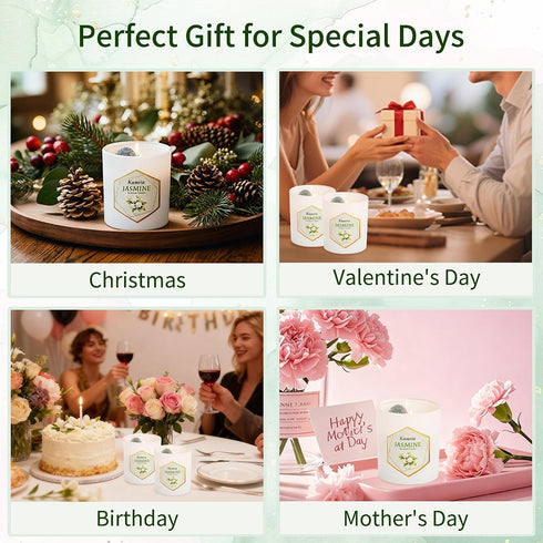 Kamria 7oz Jasmine Scented Candle with Crystals Inside, Natural Soy Wax Aromatherapy with Green Stones & Gold Flakes