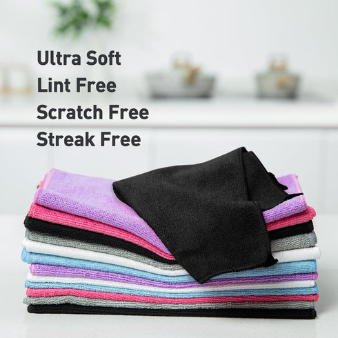 Black Microfiber Cleaning Cloth 13"x13", Ultra Soft Absorbent Rags for Housekeeping, Lint Free Reusable Cleaning Cloths