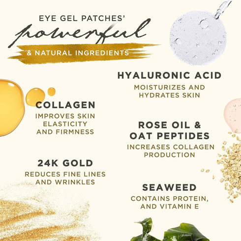 Under Eye Gel Pads, Collagen Eye Patches for Puffy Eyes, Dark Circles, 24K Gold Eye Mask with Hyaluronic Acid, 15 Pairs