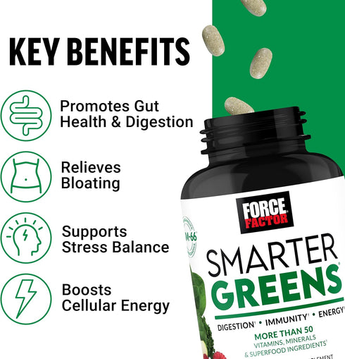 FORCE FACTOR Smarter Greens Tablets, Greens Supplement with 25+ Superfoods and Antioxidants to Improve Digestion, Reduce Stress, Strengthen Immunity, and Support Metabolism, 90 Tablets