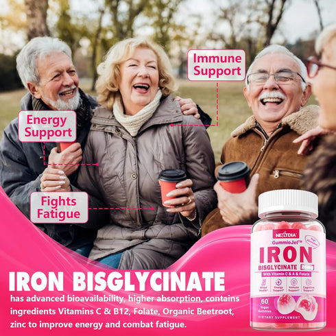 Vegan Iron Filled Gummies for Women - Non Constipating High Absorption 26mg Gentle Bisglycinate Iron with Vitamin C,