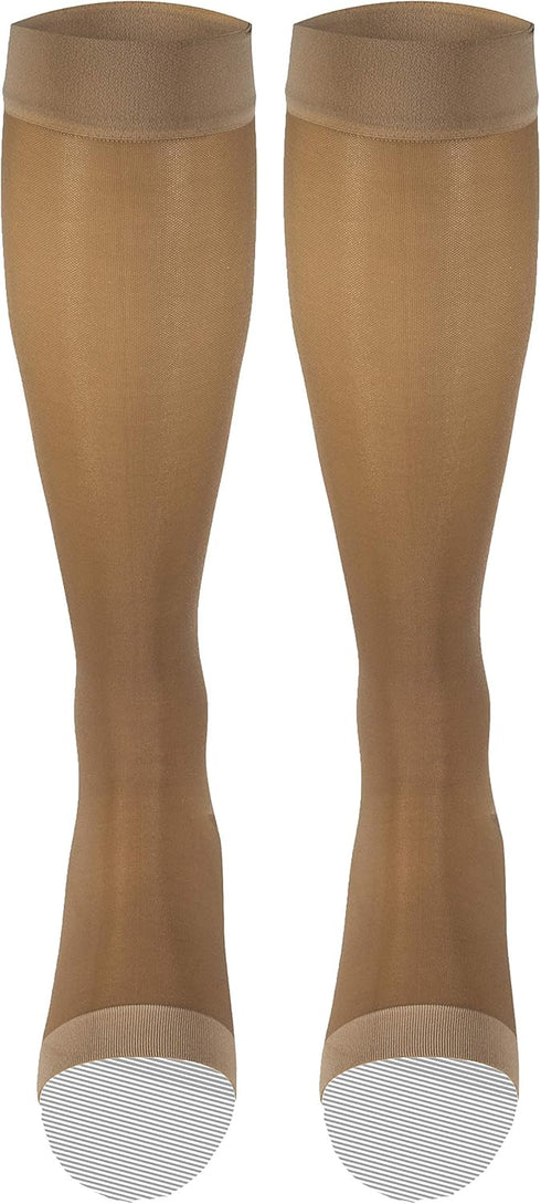 Truform Women's Sheer Compression Stockings, Knee High Length, Open Toe, Beige, Small