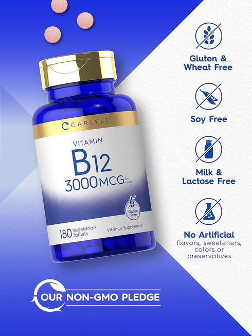 Carlyle Vitamin B-12, 3000mcg, 180 Tablets for Adults, Vegetarian, Non-GMO, Gluten Free Supplement