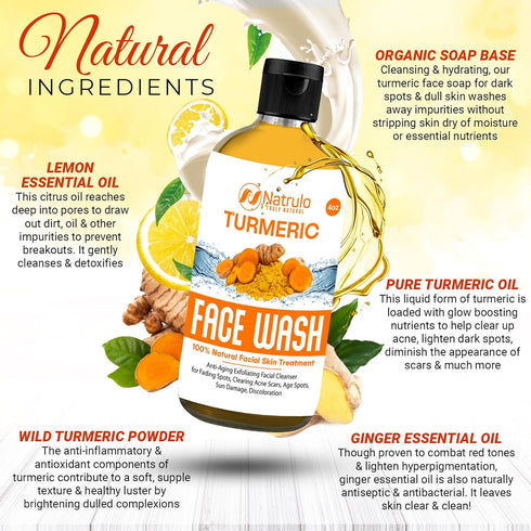 Natrulo Turmeric Face Wash, 4oz Natural Anti-Aging Exfoliating Liquid Soap for Clear Skin