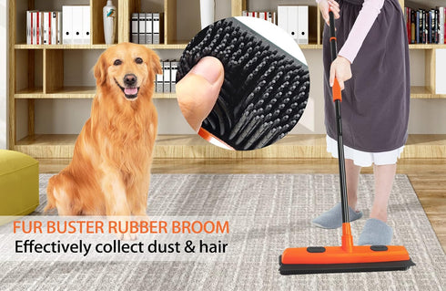 JEHONN Rubber Broom Carpet Rake for Pet Hair Remover, Fur Removal with Squeegee, Portable Detailing Brush Brush, 52.8 Inches Telescopic Long Handle for Fluff Carpet