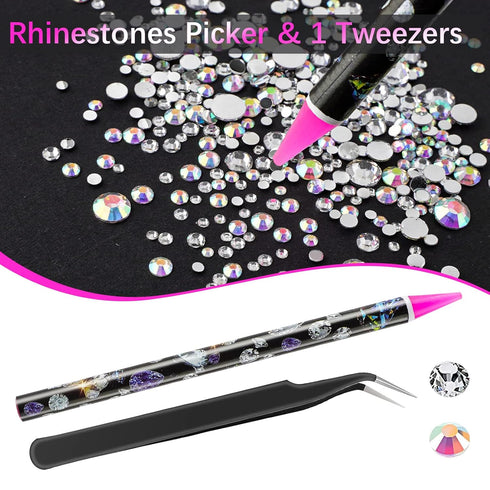 Rhinestones 1500PCS in 6 Sizes, Flat Back Nail Gems with Tweezers and Dotting Pen for Nails, Makeup, Crafting