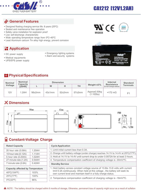 Casil 12V 1.2Ah Rechargeable Sealed Lead Acid Replacement Battery for Mercedes Auxiliary Battery
