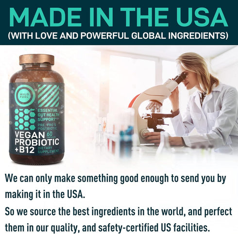 Vegan Probiotic Plus B12 - 22 Billion CFU Synbiotics for IBS, Digestive & Gut Health, Mood Support - 60 Gluten-Free