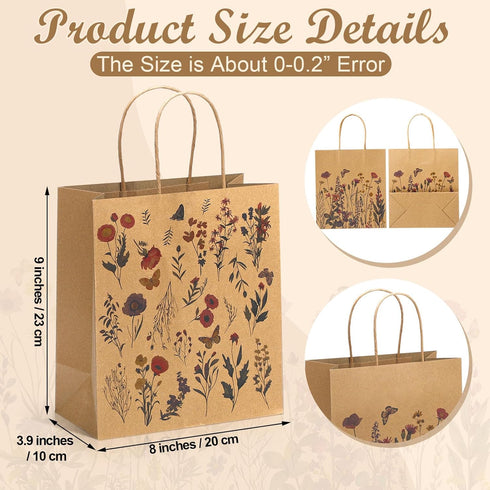 Kolldenn 24 8 3.9 9 6 Pcs Vintage Floral Wildflower Gift Bags Flower Kraft Paper Printed Candy Goodie Bags with Handles