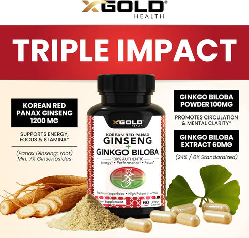 Korean Red Panax Ginseng 1200mg + Ginkgo Biloba Extra Strength Vegan Capsules for Energy, Performance & Focus
