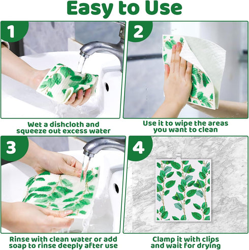6 Pack Swedish Dishcloths for Kitchen - Green Leave Patterns, Reusable, No Odor, with Adhesive Clips