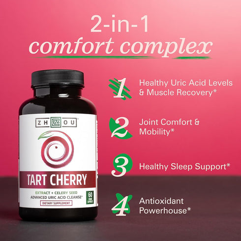 Zhou Tart Cherry Extract + Celery Seed, 1000mg Tart Cherry Capsules for Sleep & Uric Acid Cleanse, 60 Veggie Capsules