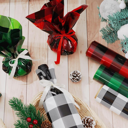Whaline 120 Ft x 32 inch Christmas Cellophane Wrap Roll, Rustic Buffalo Plaid for Gift Basket and DIY Crafts