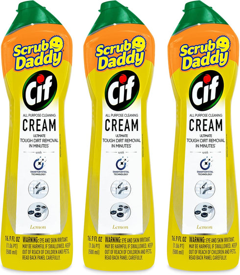 Scrub Daddy Cif Cream All Purpose Cleaner, Lemon, Multi Surface Household Cleaning Cream, 3 Pack (16.9 Oz Each)