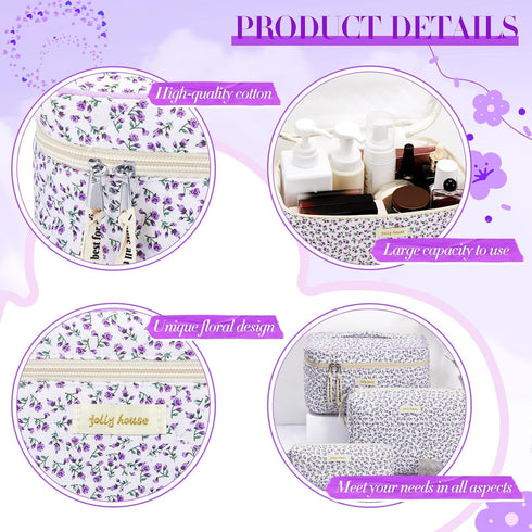 3 Pcs Quilted Makeup Bag - Large Floral Cosmetic Bag, Travel Toiletry Pouch for Women Gifts
