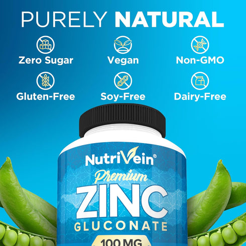 Nutrivein Premium Zinc Gluconate 100mg - 120 Capsules, Boosts Immune System & Promotes Healthy Skin