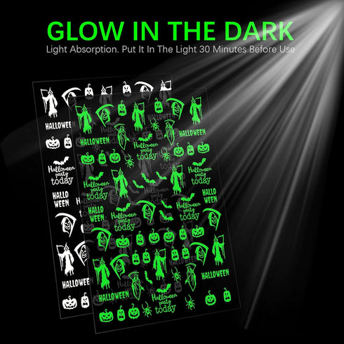 TailaiMei 9 Sheets Halloween Nail Stickers | Glow in The Dark Fluorescent Design Nail Decals for DIY Manicure