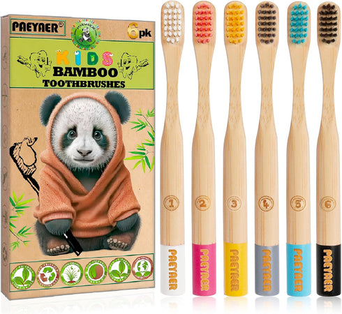 New Kids Bamboo Toothbrushes, 6 Pack, Organic Soft Bristle Biodegradable Children's Toothbrushes (Ages 3-12, Multicolor)