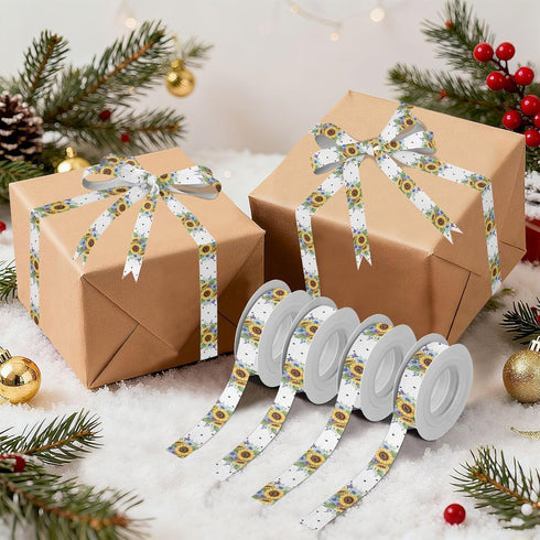 YKZEYK 1/2" 25 Ribbon for Gift Wrapping Sunflowers Flowers White Print Fabric Ribbon Yards, Thick Gift Wrap Ribbons