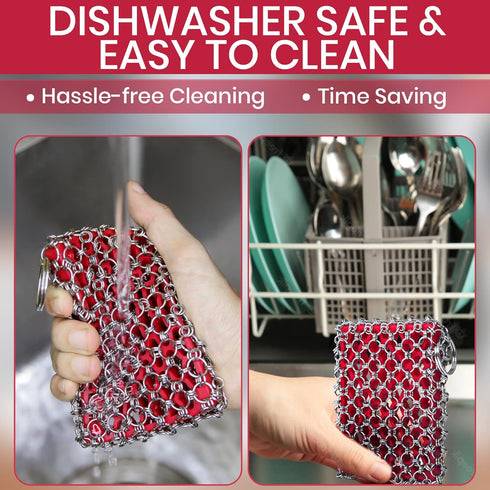 Cast Iron Scrubber Kit + Pan Scraper, 316 Chain Mail Scrubber for Cast Iron Cleaner, Chain Scrubber for Pans