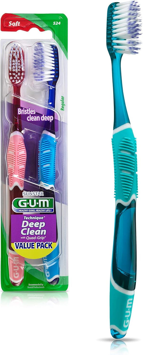 GUM Technique Deep Clean Toothbrush - Soft Full Head for Adults with Sensitive Gums - Extra Fine Bristles, 2ct