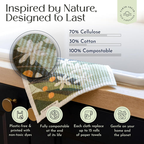Set 6 Pack Swedish Dishcloths Floral Designs Gift Reusable Compostable Cellulose Sponge Cloth Eco-Friendly Paper Towel