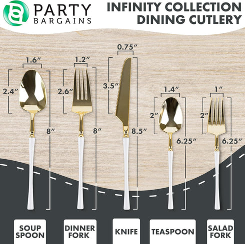 Party Bargains Disposable Plastic White Gold Cutlery Set, Infinity Modern Design Utensils, 40 Pack: 16 Forks, 8 Knives, 16 Spoons by PARTY BARGAINS