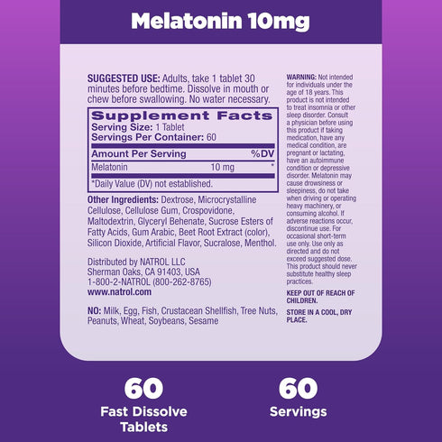 Natrol Melatonin 10mg, Strawberry-Flavored Sleep Support Supplement, 60 Fast-Dissolve Tablets