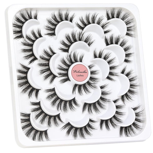 Veleasha 10 Pairs Natural Fluffy False Eyelashes - Soft Wispy 3D Faux Mink Lashes Pack (V07)