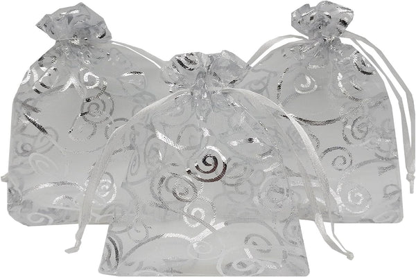 100pcs Sheer Organza Favor Bags for Wedding Baby Shower, Rattan Print Gift Bags, Drawstring Pouches