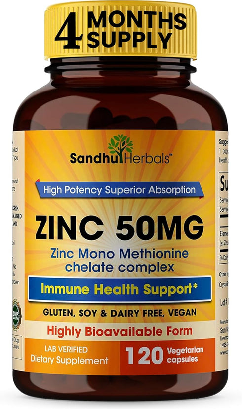 Zinc 50mg Supplement, 120 Vegetarian Capsules, Highly Absorbable for Immune Support, Gluten Free