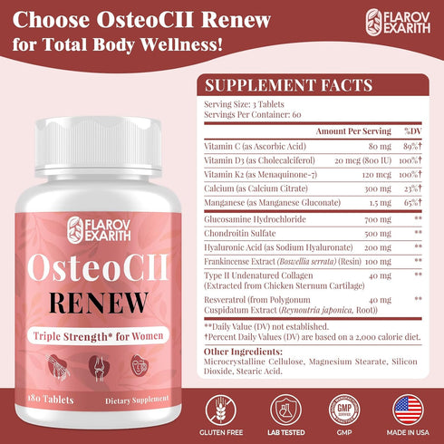 MK-7, D3, 180 Joint Supplements for Women OsteoCII Renew Triple Strength Advanced Joint, Bone & Skin Formula Collagen
