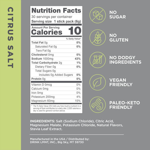 LMNT Zero Sugar Electrolytes, Citrus Salt Drink Mix, 30-Count for Hydration and Performance