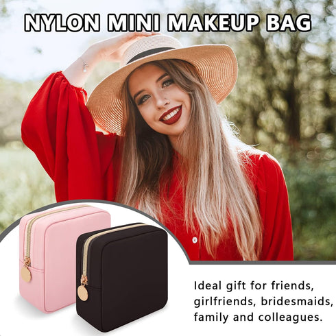Iqimott Nylon Mini Makeup Bag, Preppy Small Cosmetic Pouch, Waterproof Zipper Purse for Women and Girls