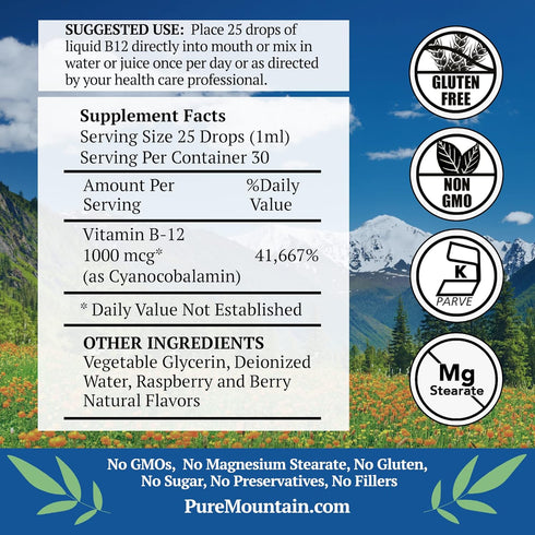 Pure Mountain Botanicals B12 Vitamin 1000 mcg – Kosher Liquid B12 Drops with Natural Berry Flavor