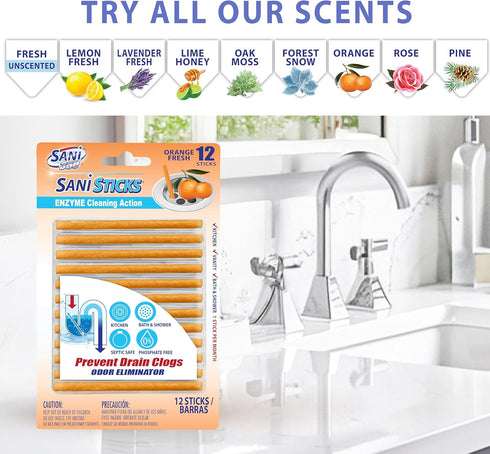 SANI 360° Sani Sticks Drain Cleaner and Deodorizer, 24 Count, Orange Scent, Safe for Sinks and Septic Tanks