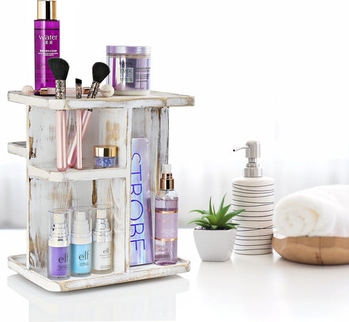 Sorbus 360° Makeup Organizer, Grey Rustic Wood Storage Carousel for Cosmetics, Rotating Makeup Organizer for Vanity