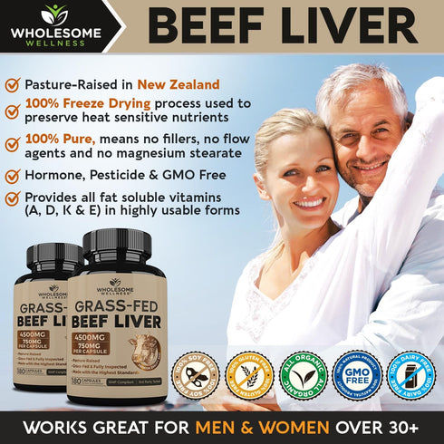 Wholesome Wellness Grass Fed Desiccated Beef Liver Capsules (180 Pills, 750mg Each) - Natural Iron and Vitamins