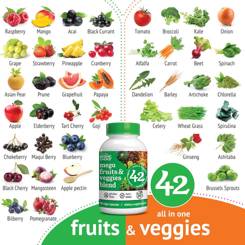Botanic Choice Mega Fruits and Veggies Blend, 42 Fruit & Vegetable Superfood Capsules, 60 Capsules