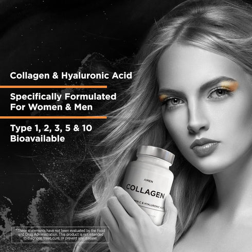 Amen Multi Collagen Peptides Capsules - 90 Pills with Hyaluronic Acid, Vitamin C, 5 Types of Collagen Protein
