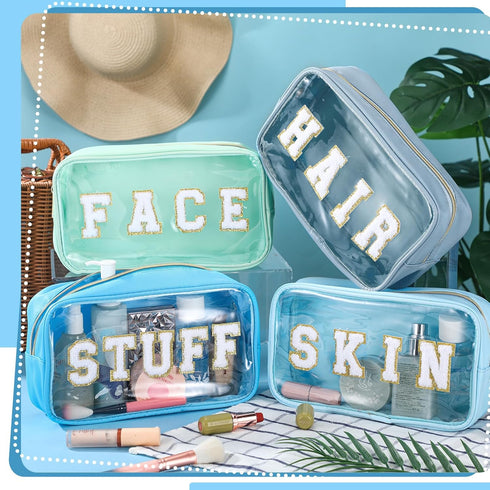 Pinkunn 4 Pcs Preppy Makeup Bags - Chenille Letter Patch Cosmetic Bag Set for Women (Blue Series Colors, Nylon)