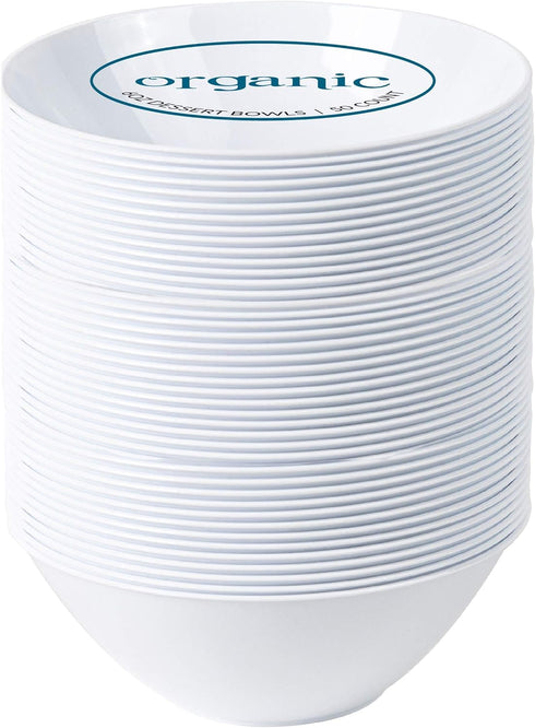 PLASTICPRO White Plastic Organic Party Dessert Bowls, 6 OZ, 50 Count, Premium Heavyweight Disposable Dishes