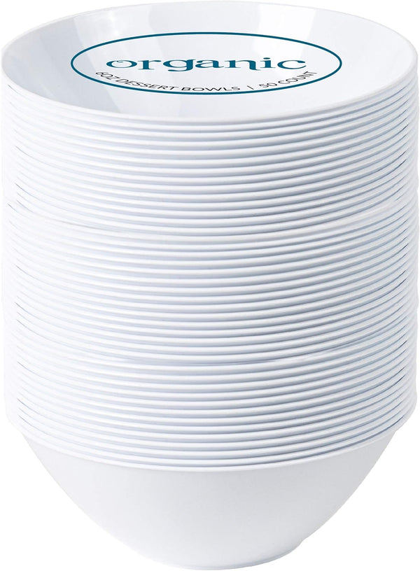 PLASTICPRO White Plastic Organic Party Dessert Bowls, 6 OZ, 50 Count, Premium Heavyweight Disposable Dishes