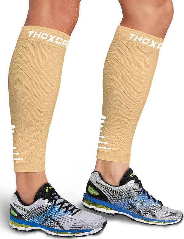 Calf Compression Sleeve for Men Women (2 Pairs) - Footless Compression Socks for Running, Beige/White, Medium