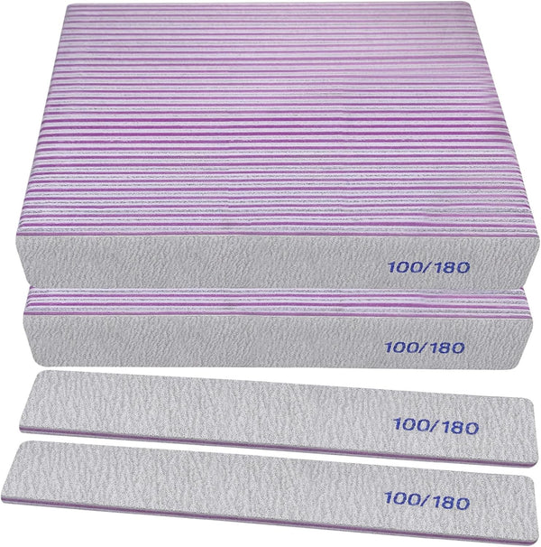 Nail Files (50 Pack) | 100/180 Grit Emery Boards for Natural and Acrylic Nails, Double Sided Reusable Manicure