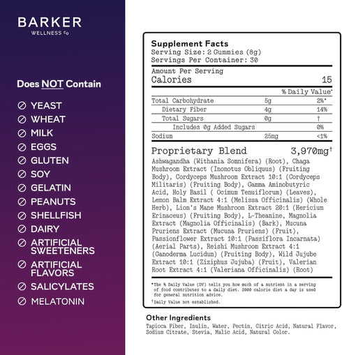 Gummies 60 Count Barker Wellness Nighttime Vegan Sugar-Free Adaptogen Mushroom Reishi, Lion's Mane, Chaga, Cordyceps